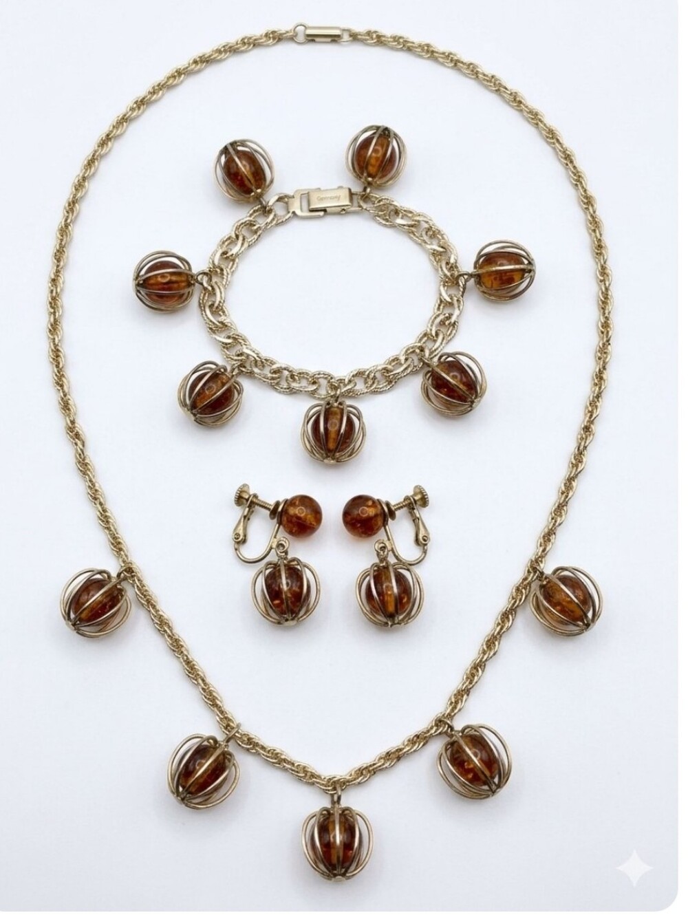 Vtg Silver Tone Amber Orb Pendant Jewelry Set - Necklace, Bracelet & Earrings